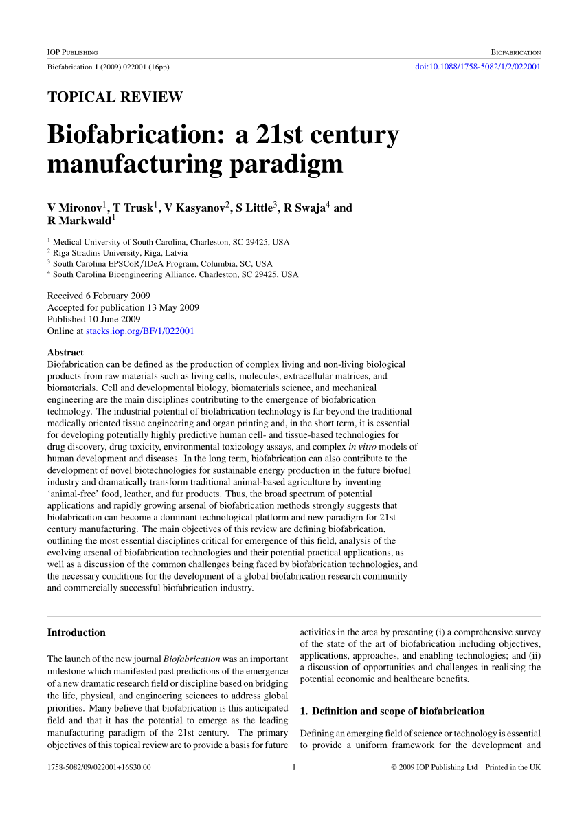 PDF) Biofabrication: A 21st century manufacturing paradigm