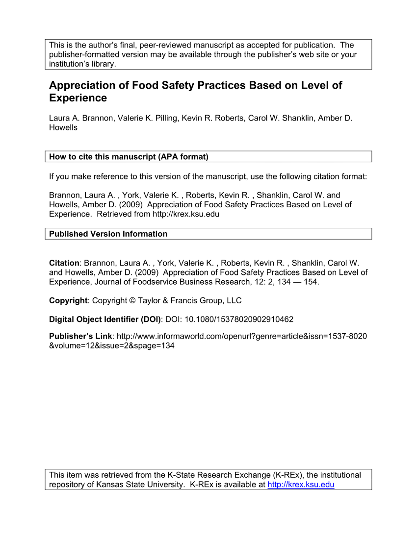 PDF) Appreciation of Food Safety Practices Based on Level of ...