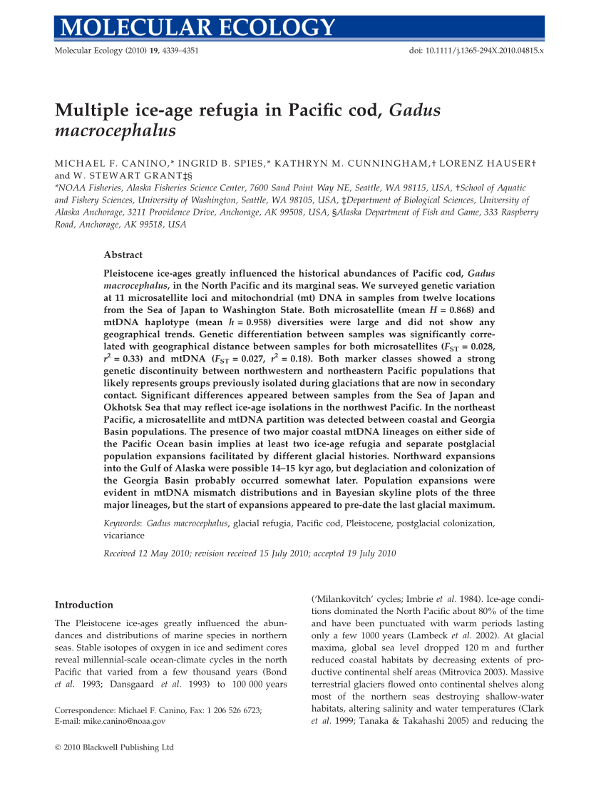 Pdf Multiple Ice Age Refugia In Pacific Cod Gadus Macrocephalus