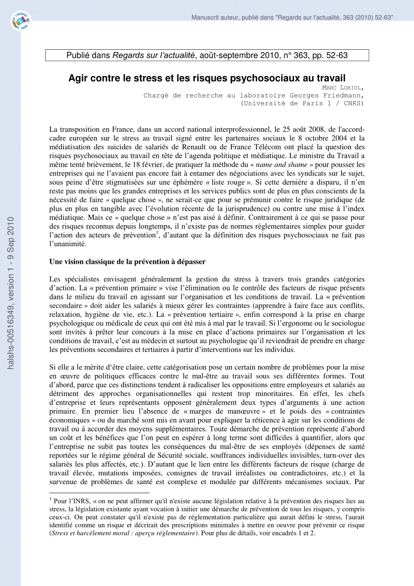 Pdf Agir Contre Le Stress Et Les Risques Psychosociaux Au Travail