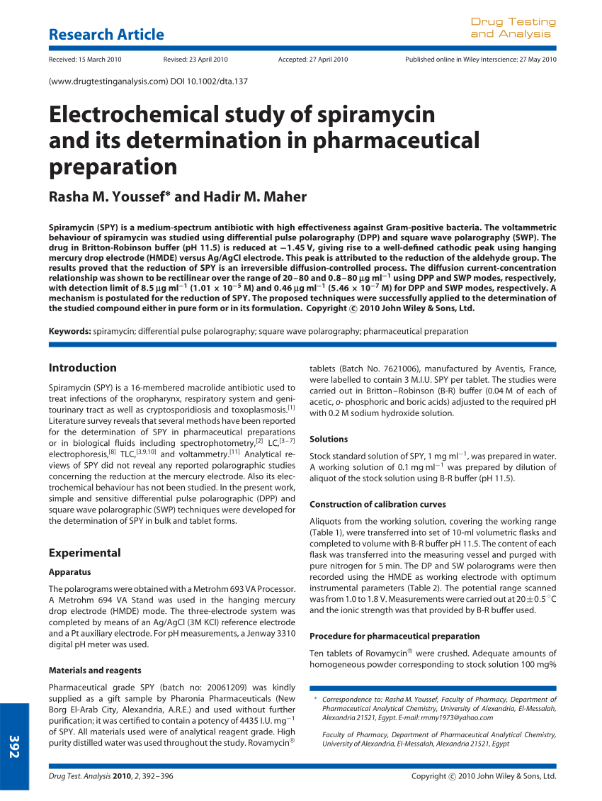 Pdf Electrochemical Study Of Spiramycin And Its Determination In Pharmaceutical Preparation