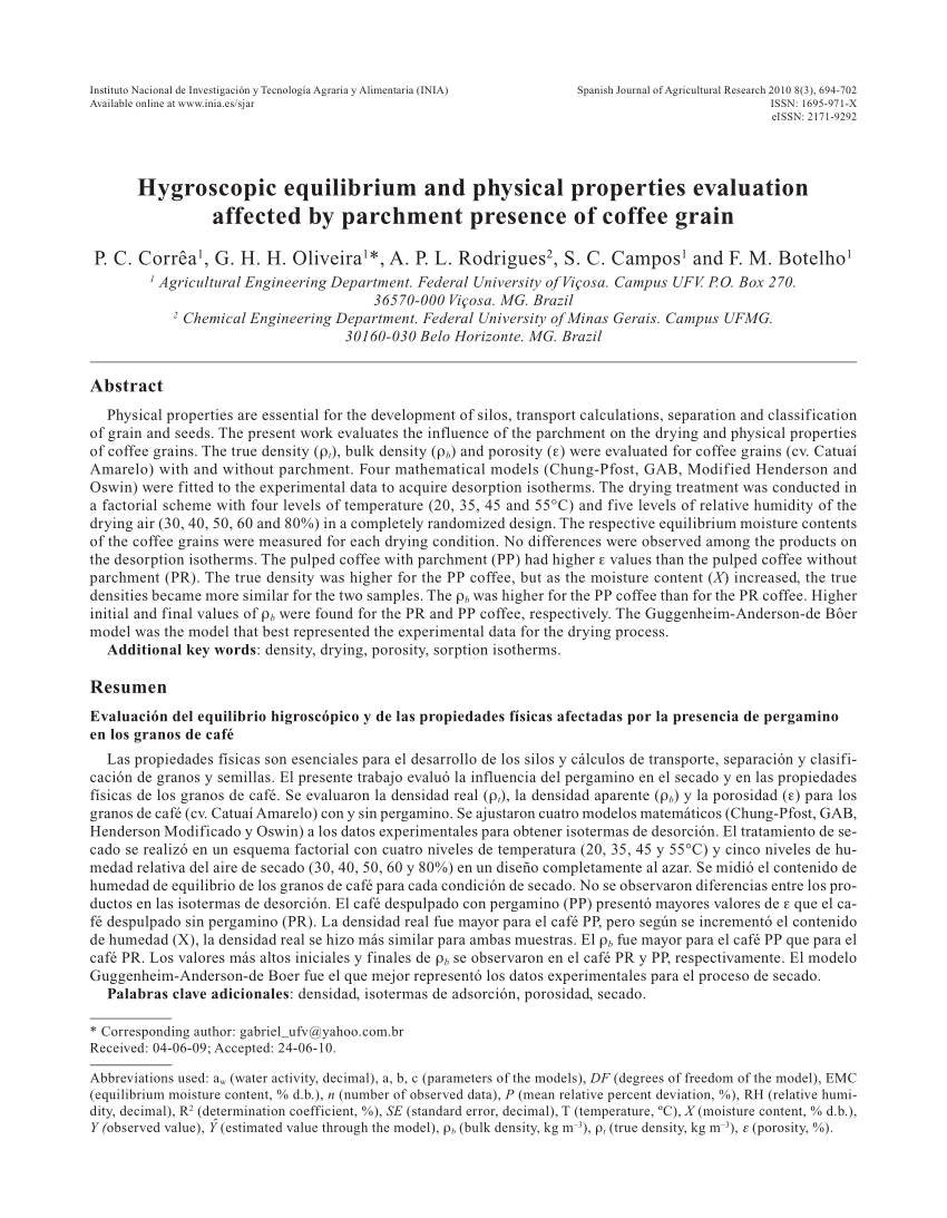 Pdf Hygroscopic Equilibrium And Physical Properties Evaluation Affected By Parchment Presence Of Coffee Grain
