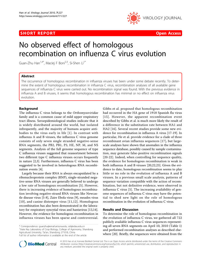 Pdf No Observed Effect Of Homologous Recombination On Influenza C Virus Evolution