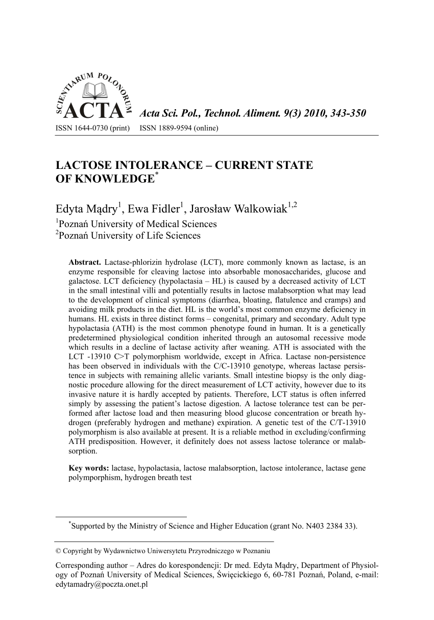 Pdf Lactose Intolerance Current State Of Knowledge