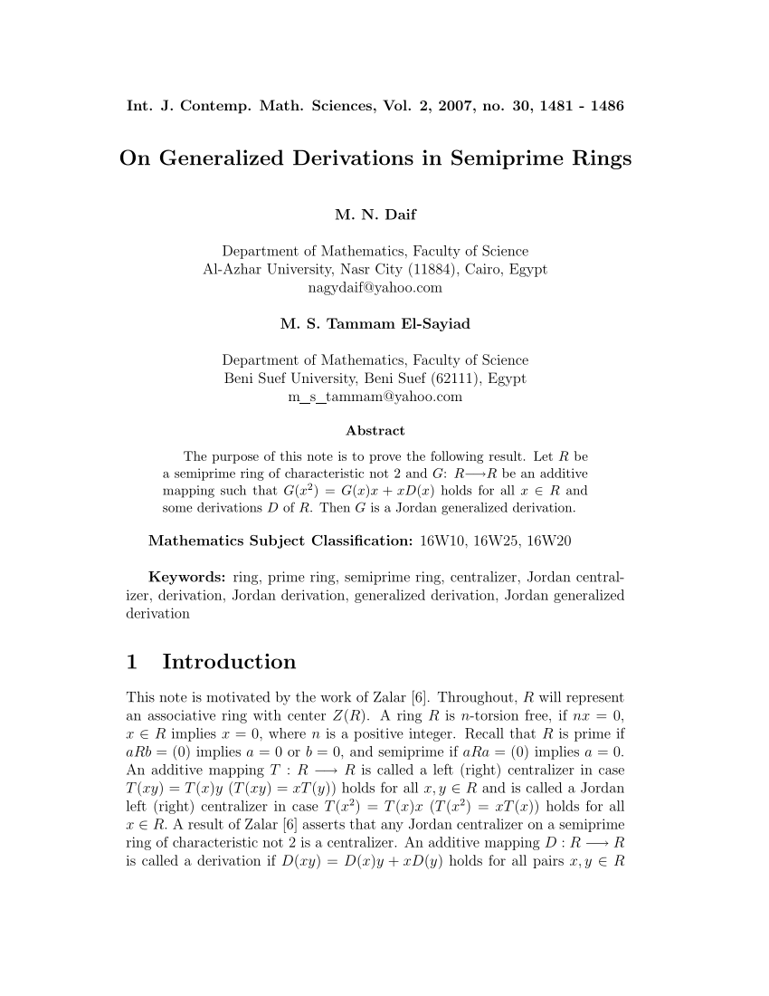 Pdf On Semiprime Rings With Generalized Derivations