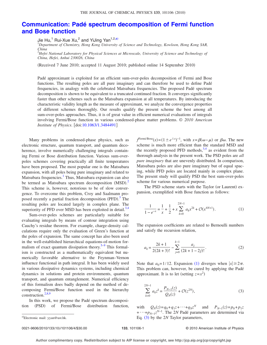 PDF) Communication: Pade spectrum decomposition of Fermi function 