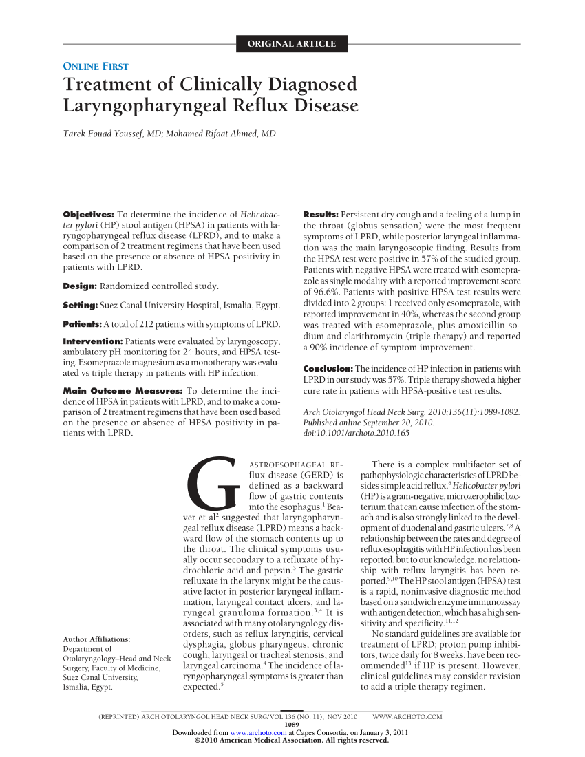 (PDF) Treatment of Clinically Diagnosed Laryngopharyngeal Reflux Disease