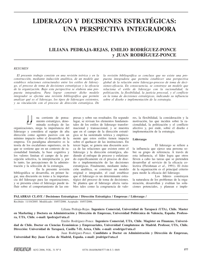 PDF) Liderazgo y decisiones estratégicas: una perspectiva integradora