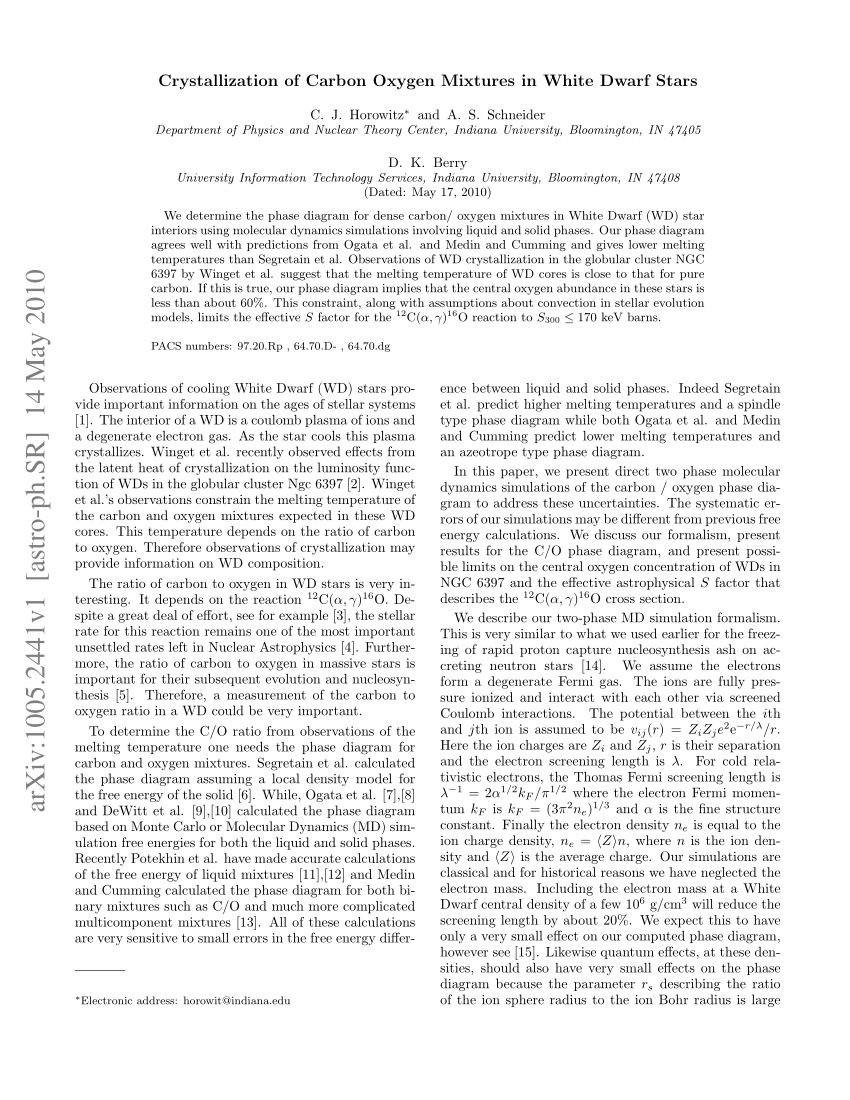 (PDF) Crystallization of Carbon-Oxygen Mixtures in White Dwarf Stars