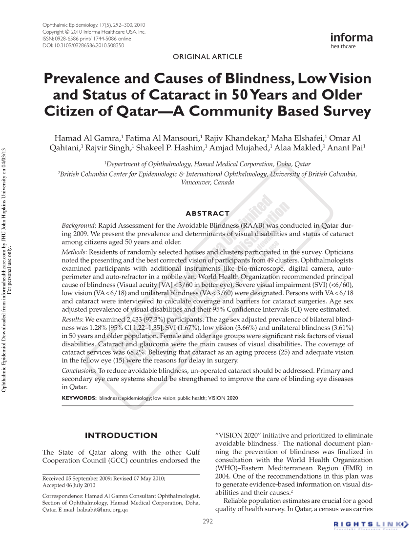 Pdf Prevalence And Causes Of Blindness Low Vision And Status Of Cataract In 50 Years And Older Citizen Of Qatar A Munity Based Survey