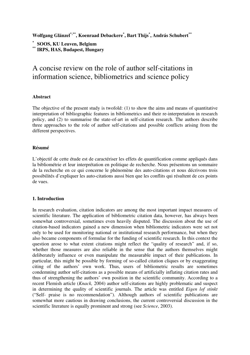 Pdf A Concise Review On The Role Of Author Self Citations In Information Science Bibliometrics And Science Policy