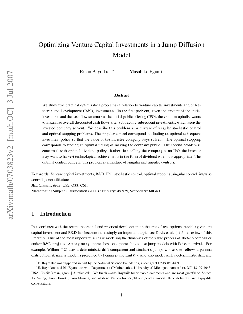 PDF Optimizing Venture Capital Investments in a Jump Diffusion Model