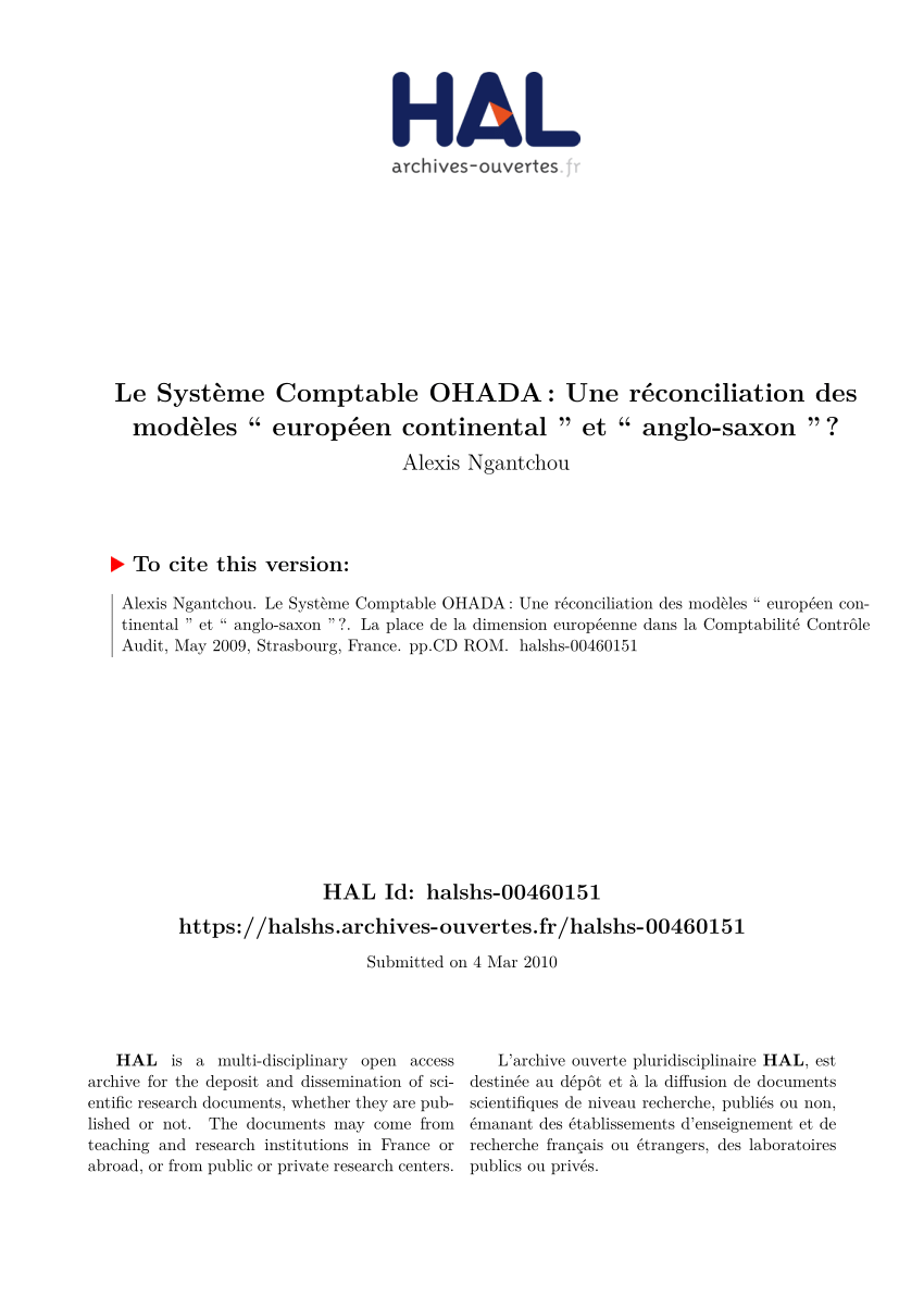 Pdf Le Systeme Comptable Ohada Une Reconciliation Des Modeles Europeen Continental Et Anglo Saxon