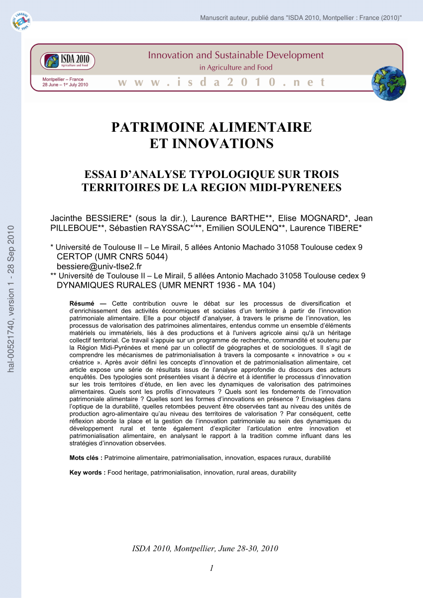 PDF) PATRIMOINE ALIMENTAIRE INNOVATIONS ESSAI D'ANALYSE SUR TROIS TERRITOIRES DE LA REGION MIDI-PYRENEES
