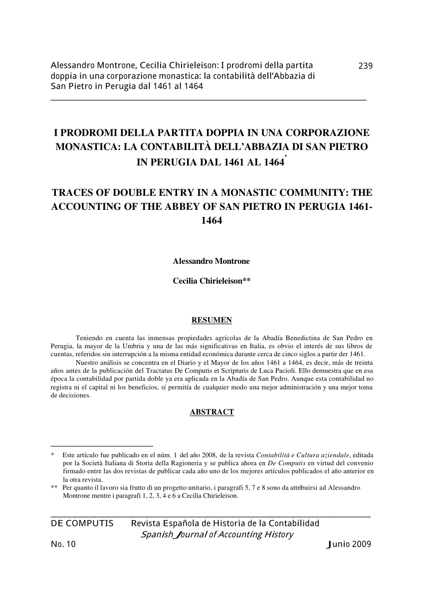 PDF) I prodromi della partita doppia in una corporazione monastica: la  contabilità dell'Abbazia di San Pietro in Perugia dal 1461 al 1464. (Traces  of double entry in a monastic community: the accounting