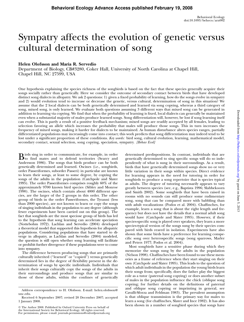 kig ind solopgang Rationel PDF) Sympatry affects the evolution of genetic versus cultural  determination of song