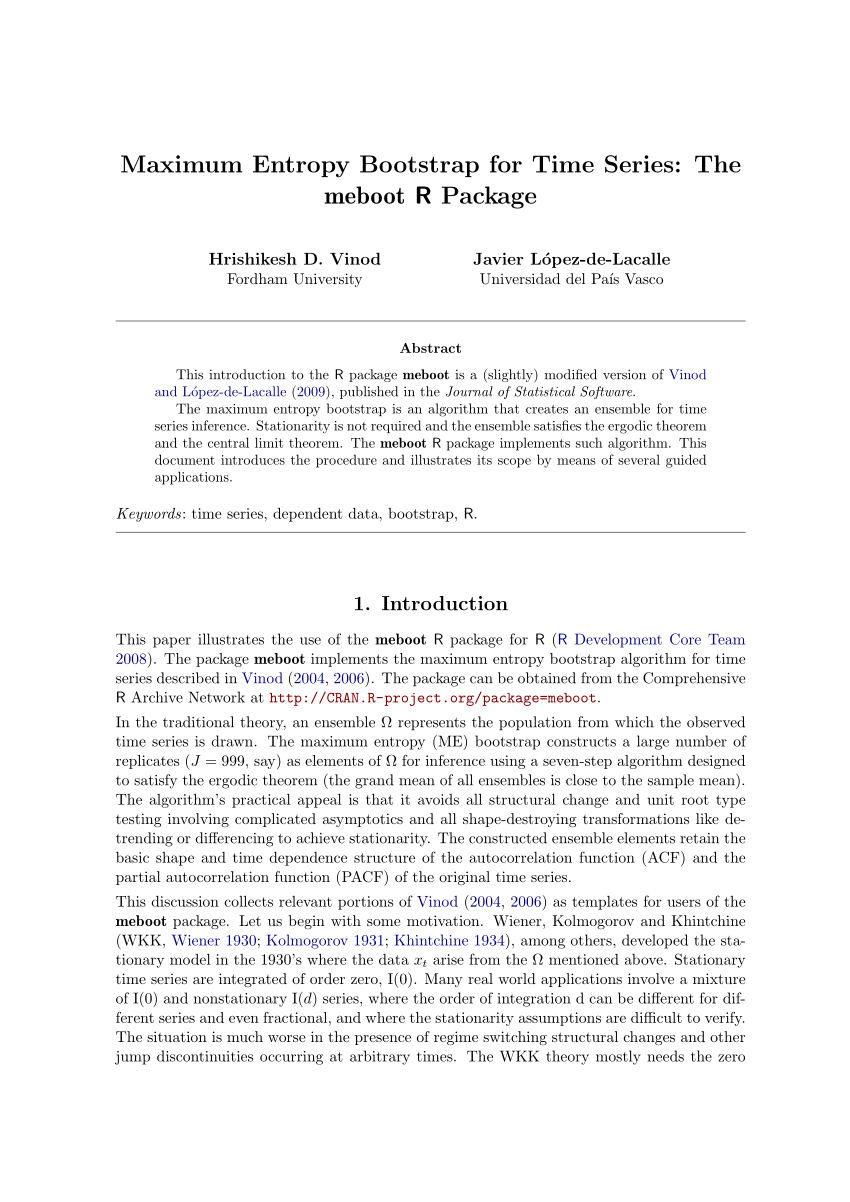 (PDF) Maximum Entropy Bootstrap for Time Series: The meboot R Package