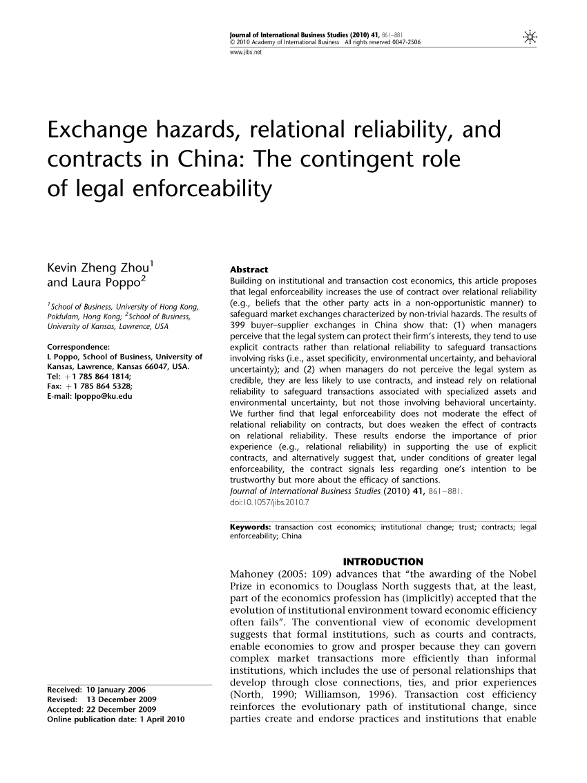 Pdf Exchange Hazards Relational Reliability And Contracts In China The Contingent Role Of Legal Enforceability