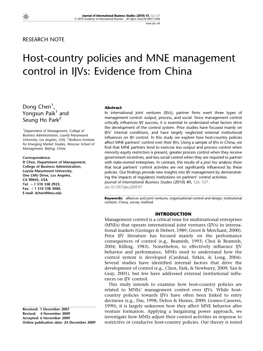 Pdf Host Country Policies And Mne Management Control In Ijvs Evidence From China