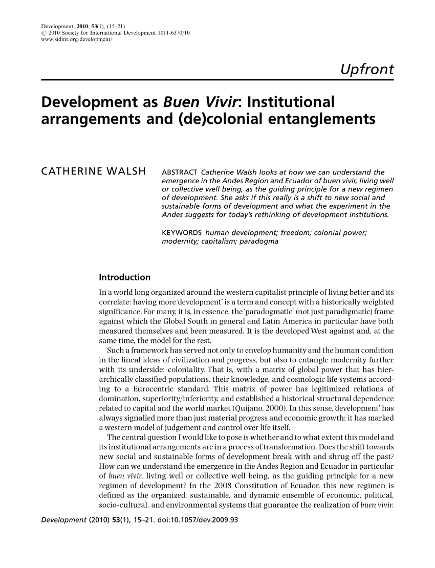 Pdf Development As Buen Vivir Institutional Arrangements And De Colonial Entanglements