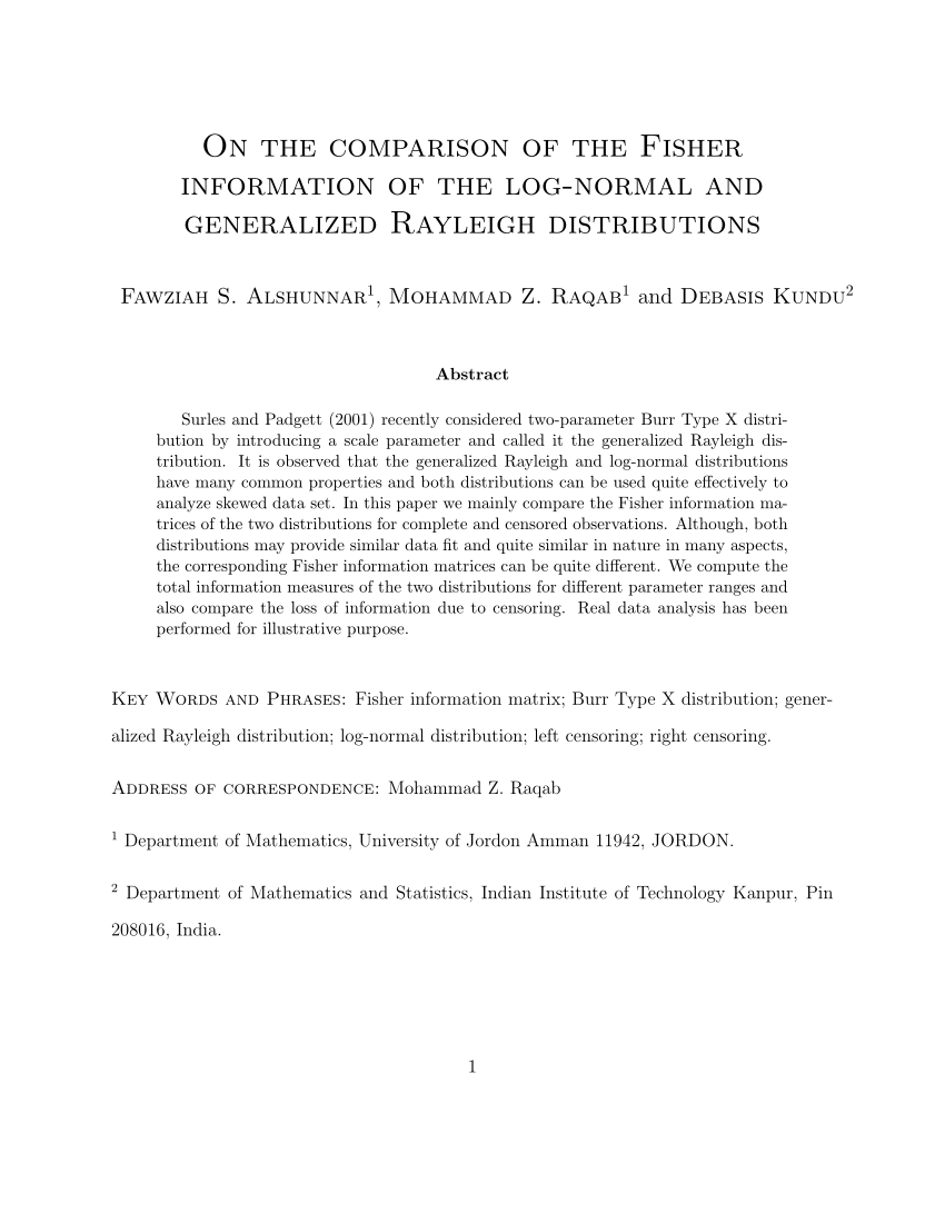 Pdf On The Comparison Of The Fisher Information Of The Log Normal And Generalized Rayleigh Distributions