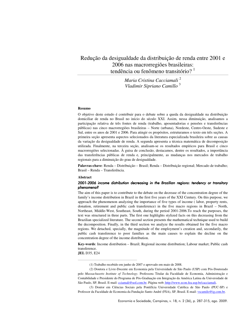 Pdf Redução Da Desigualdade Da Distribuição De Renda Entre 2001 E 2006 Nas Macrorregiões 5742