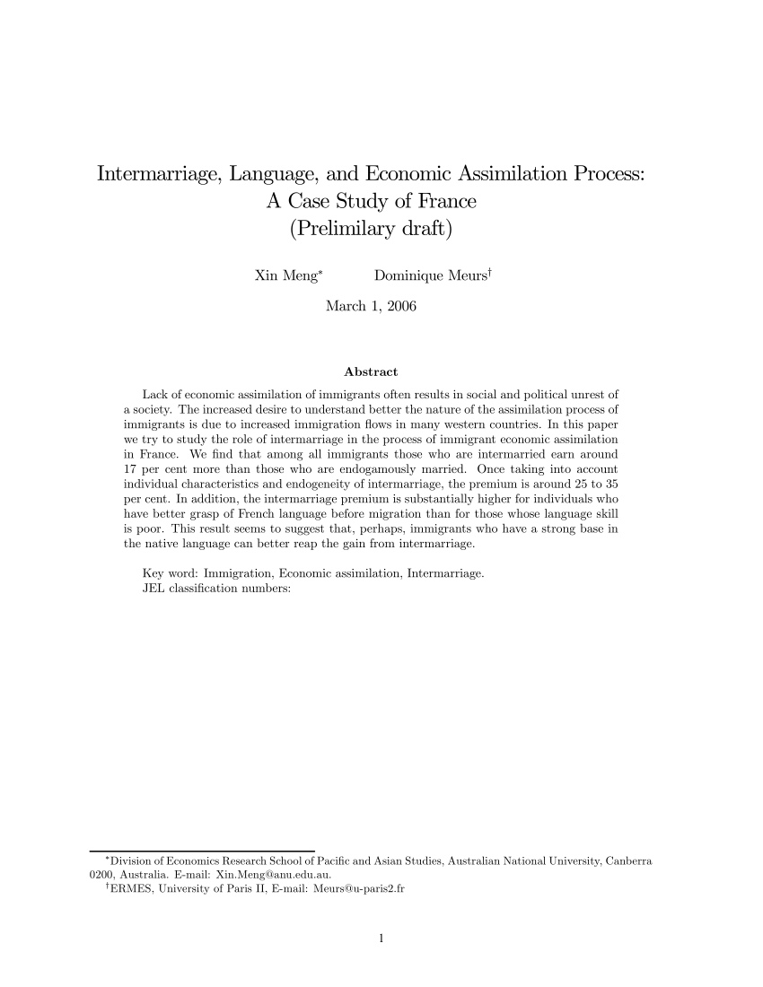 Pdf Intermarriage Language And Economic Assimilation Process A Case Study Of France