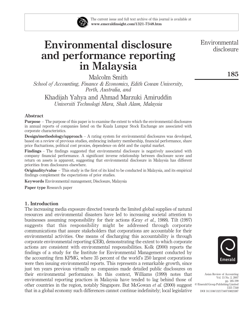 Pdf Environmental Disclosure And Performance Reporting In Malaysia