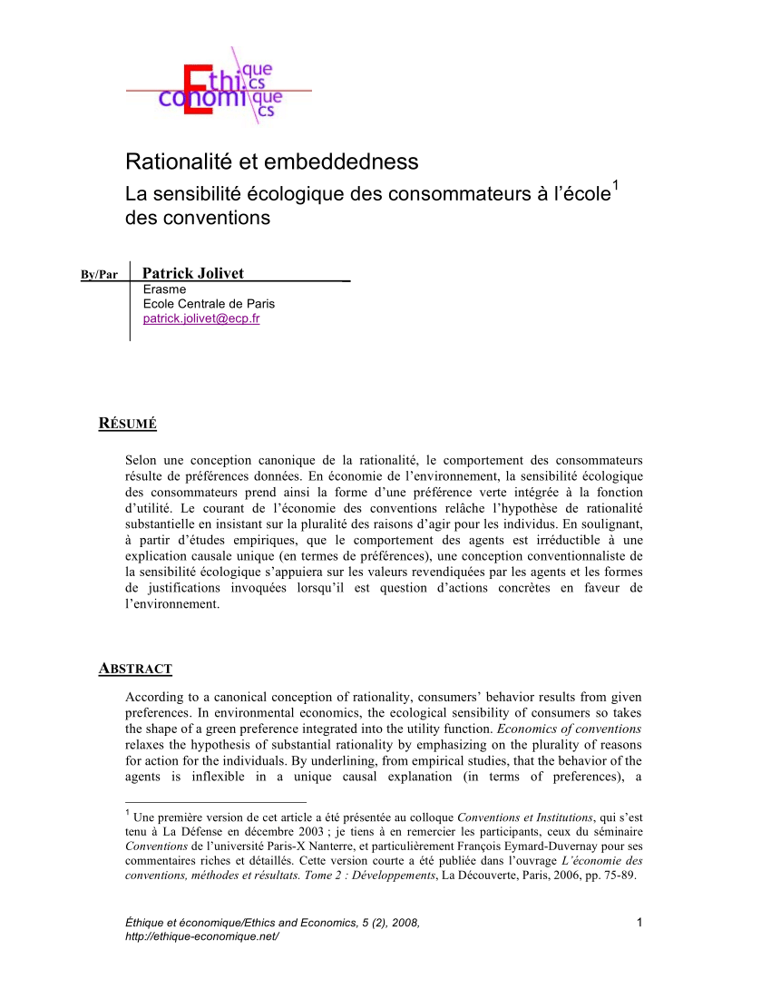 Pdf Rationalité Et Embededness La Sensibilité écologique Des Consommateurs à Lécole Des 7772