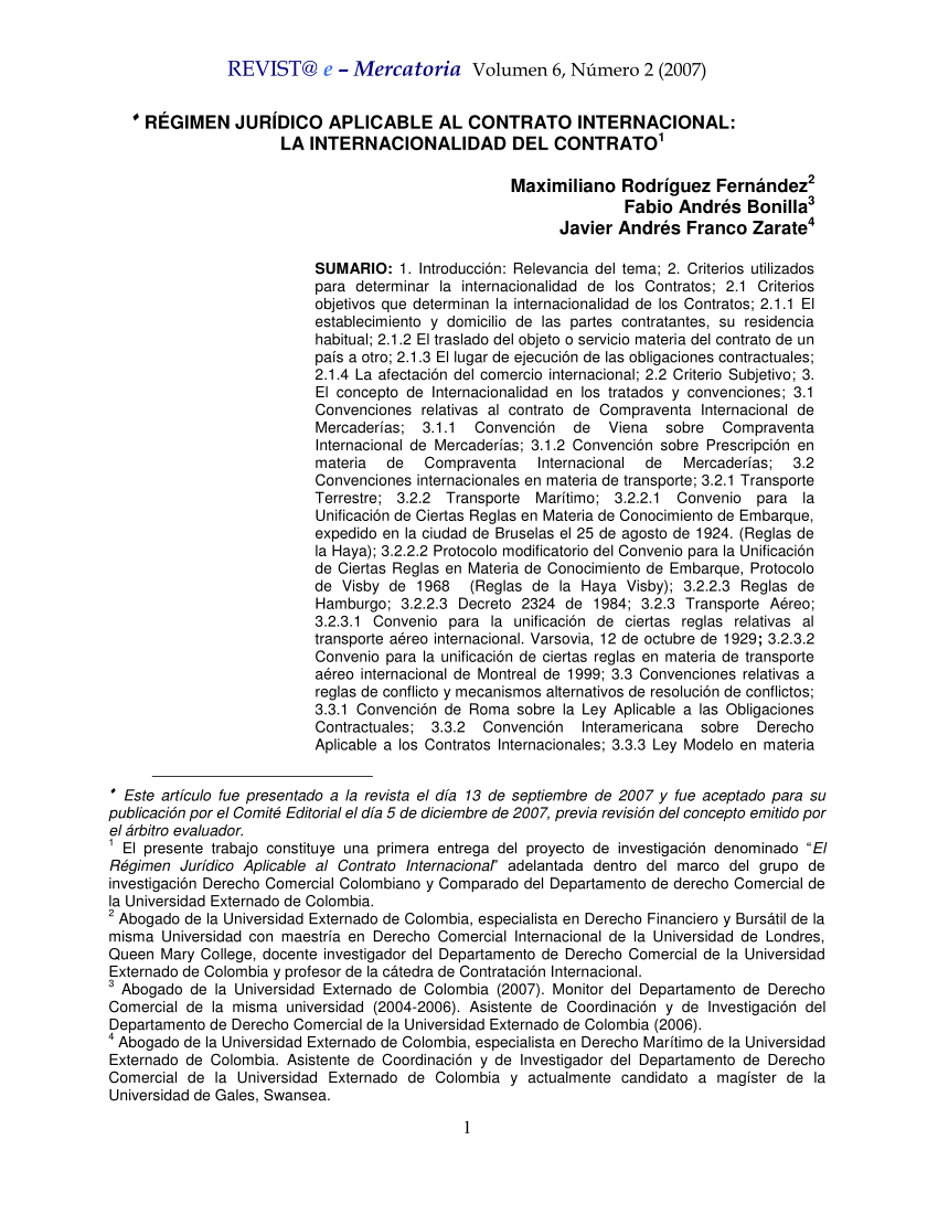 Pdf Regimen Juridico Aplicable Al Contrato Internacional La Internacionalidad Del Contrato