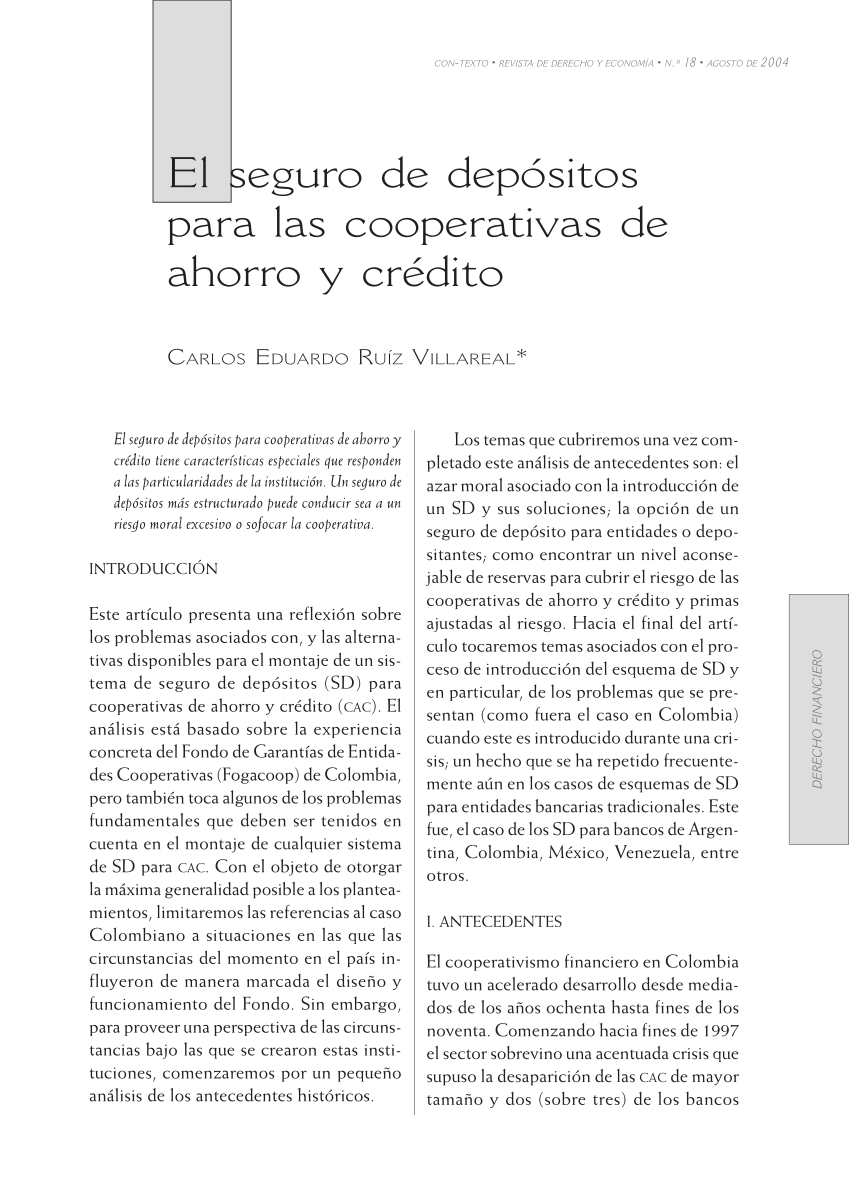 Pdf El Seguro De Depósitos Para Las Cooperativas De Ahorro Y Crédito 9216