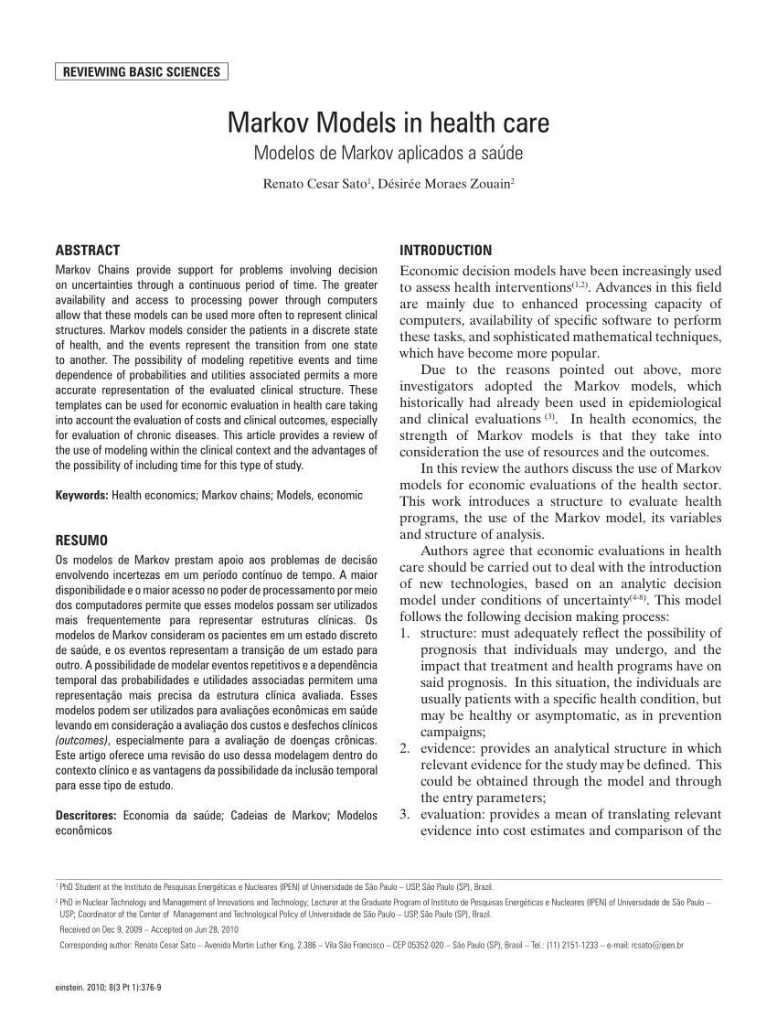 PDF) Markov Models in health care