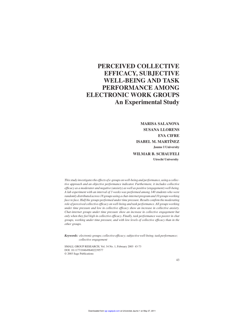 Pdf Perceived Collective Efficacy Subjective Well Being And Task Performance Among Electronic Work Groups An Experimental Study