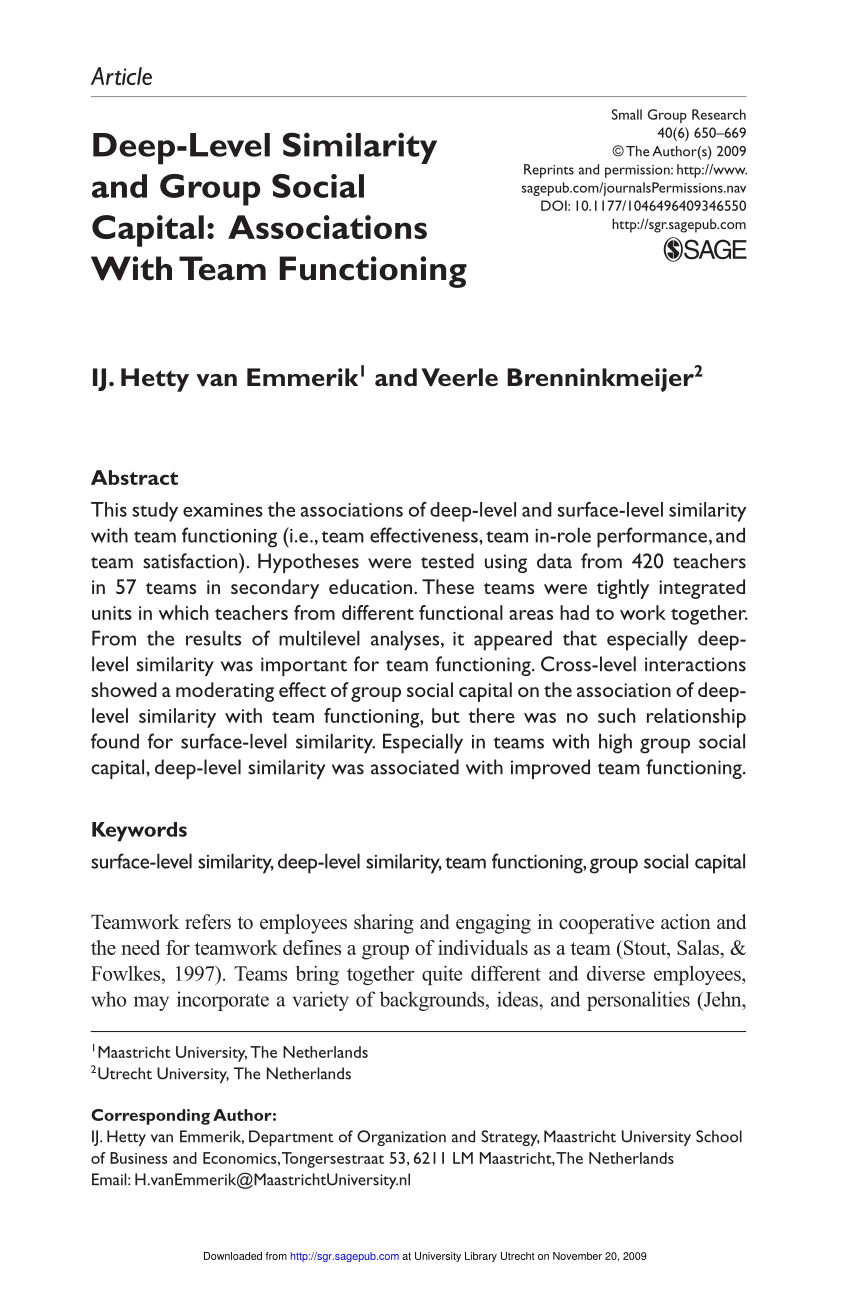 Pdf Deep Level Similarity And Group Social Capital Associations With Team Functioning