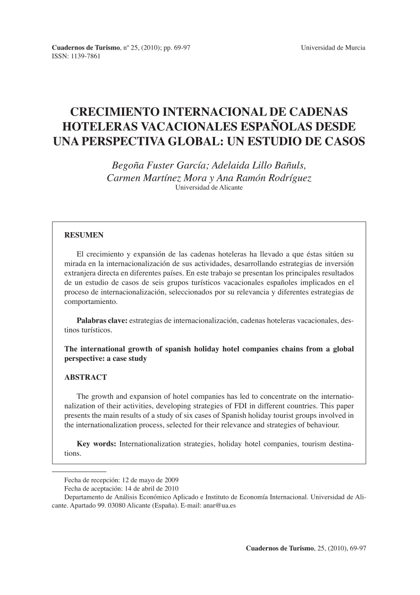 Ru elección Anterior PDF) Crecimiento internacional de cadenas hoteleras vacacionales españolas  desde una perspectiva global: Un estudio de casos