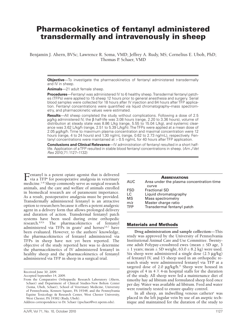 Pdf Pharmacokinetics Of Fentanyl Administered Transdermally And Intravenously In Sheep