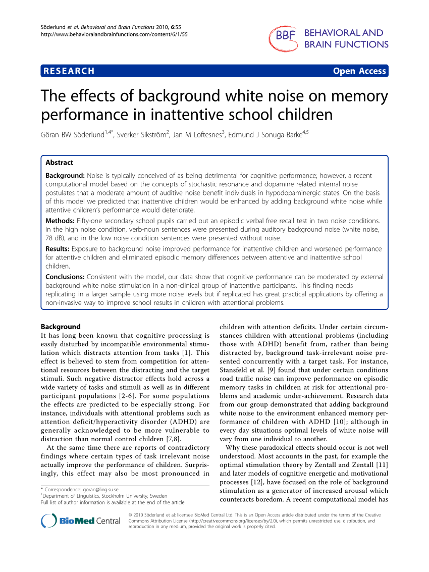 PDF) The effects of background white noise on memory performance in  inattentive school children