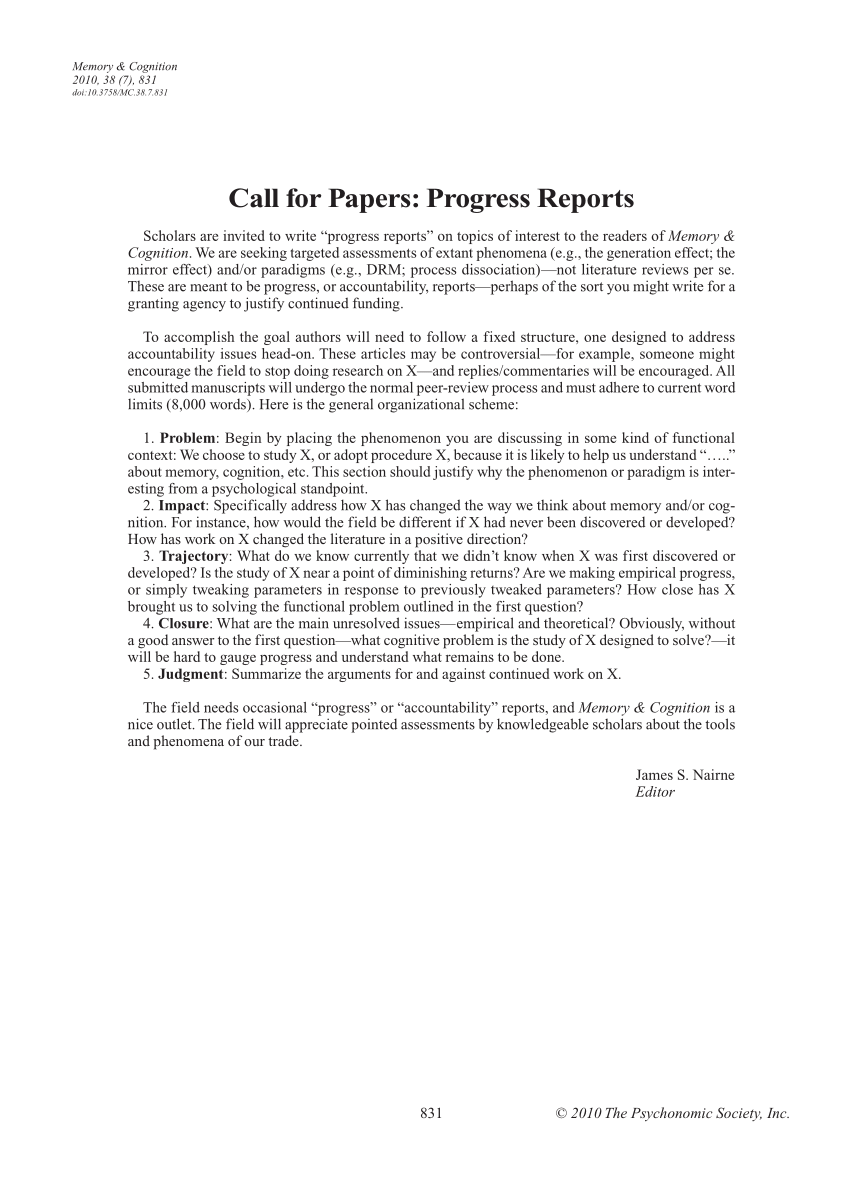 PDF) Call for Papers: Progress Reports