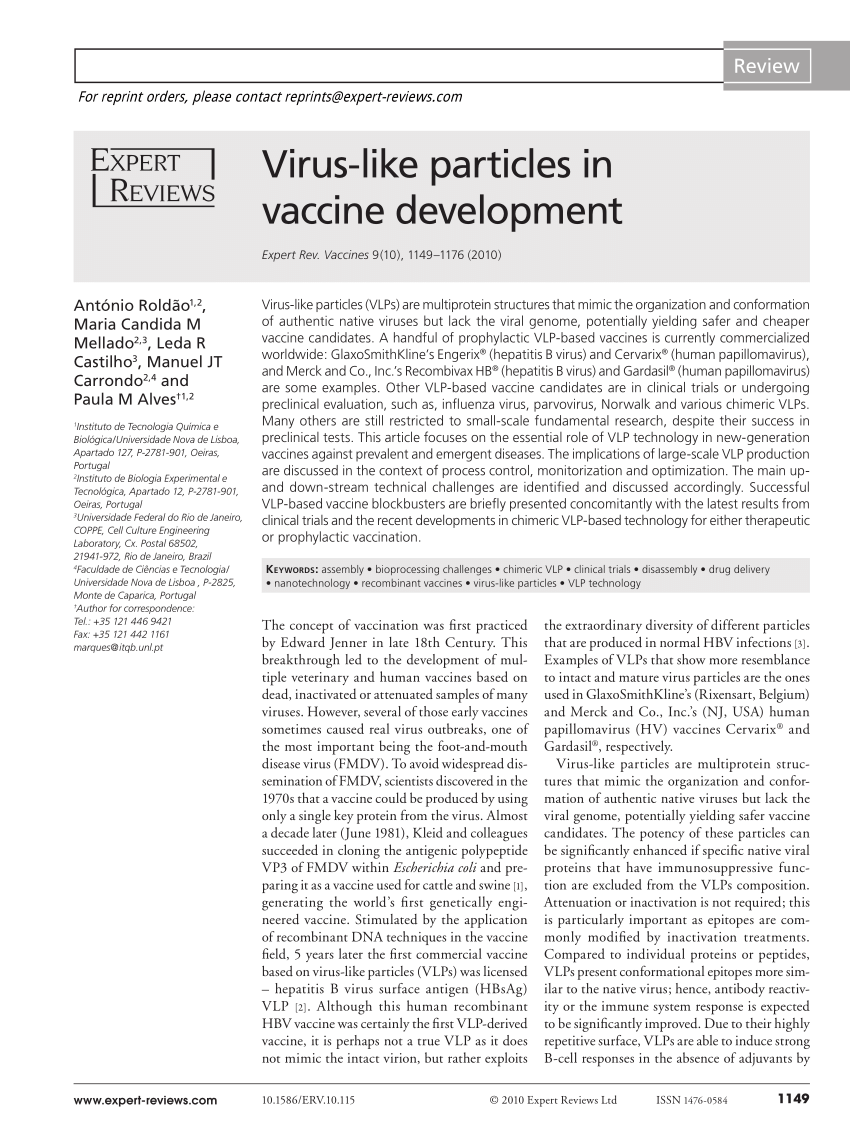 Pdf Virus Like Particles In Vaccine Development Expert Rev Vaccines 9 1149 1176