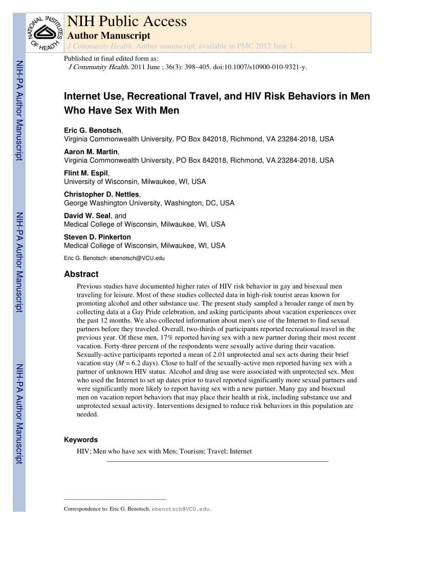 PDF) Internet Use, Recreational Travel, and HIV Risk Behaviors in Men Who  Have Sex With Men