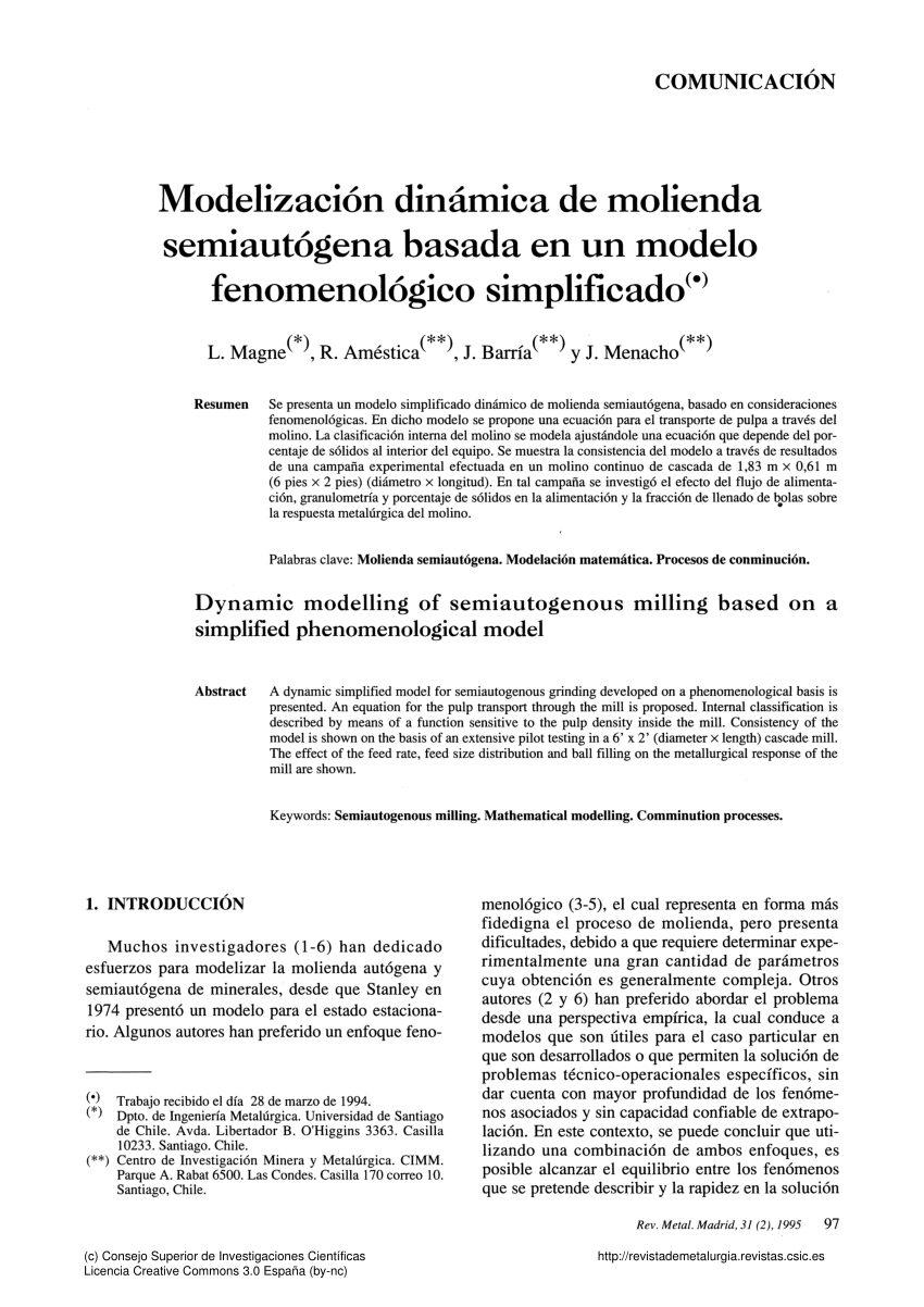 PDF) Modelización dinámica de molienda semiautógena basada en un modelo  fenomenológico simplificado
