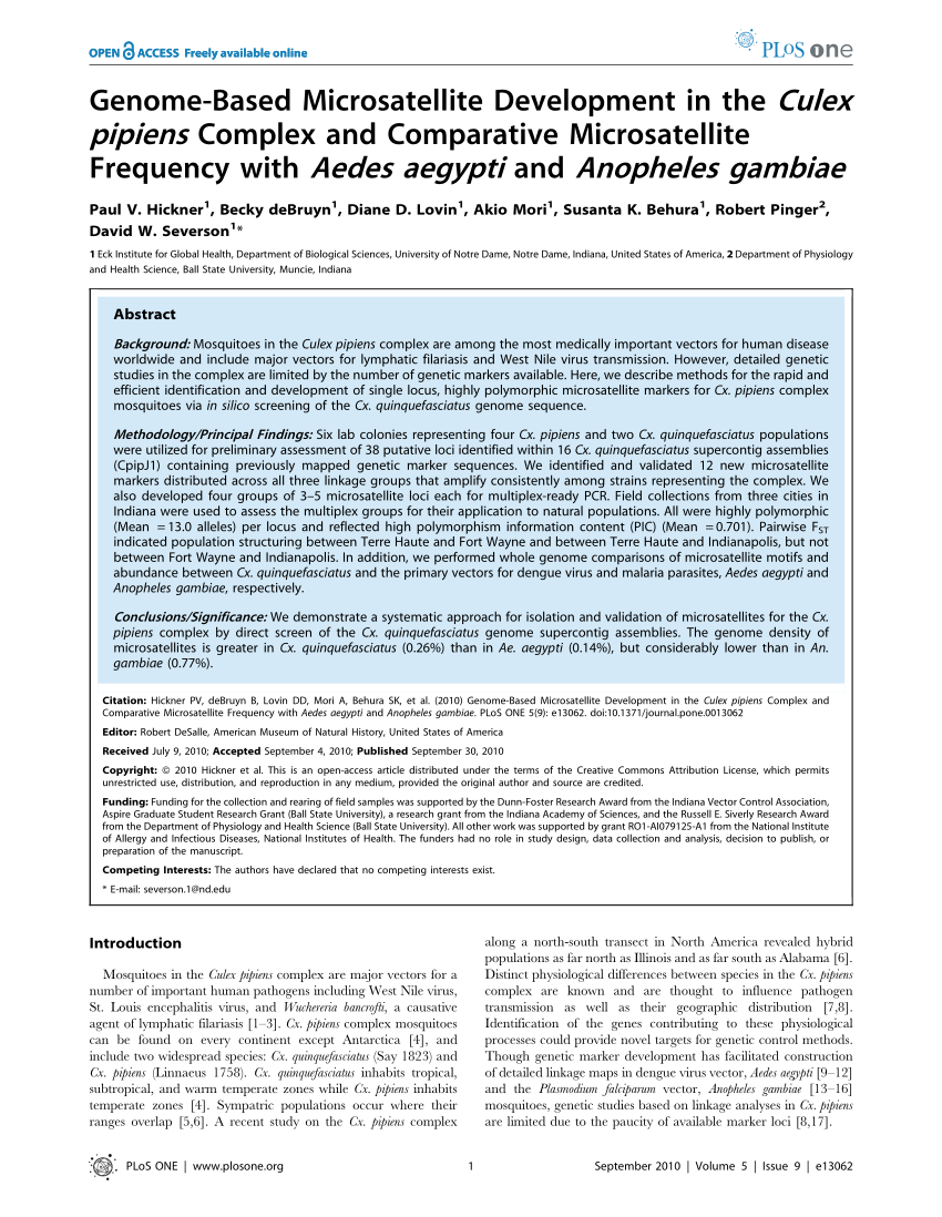 Pdf Genome Based Microsatellite Development In The Culex Pipiens Complex And Comparative Microsatellite Frequency With Aedes Aegypti And Anopheles Gambiae
