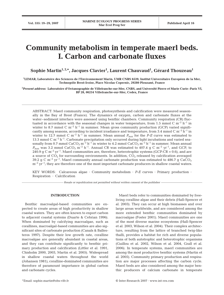 pdf community metabolism in temperate maerl beds i carbon and carbonate fluxes