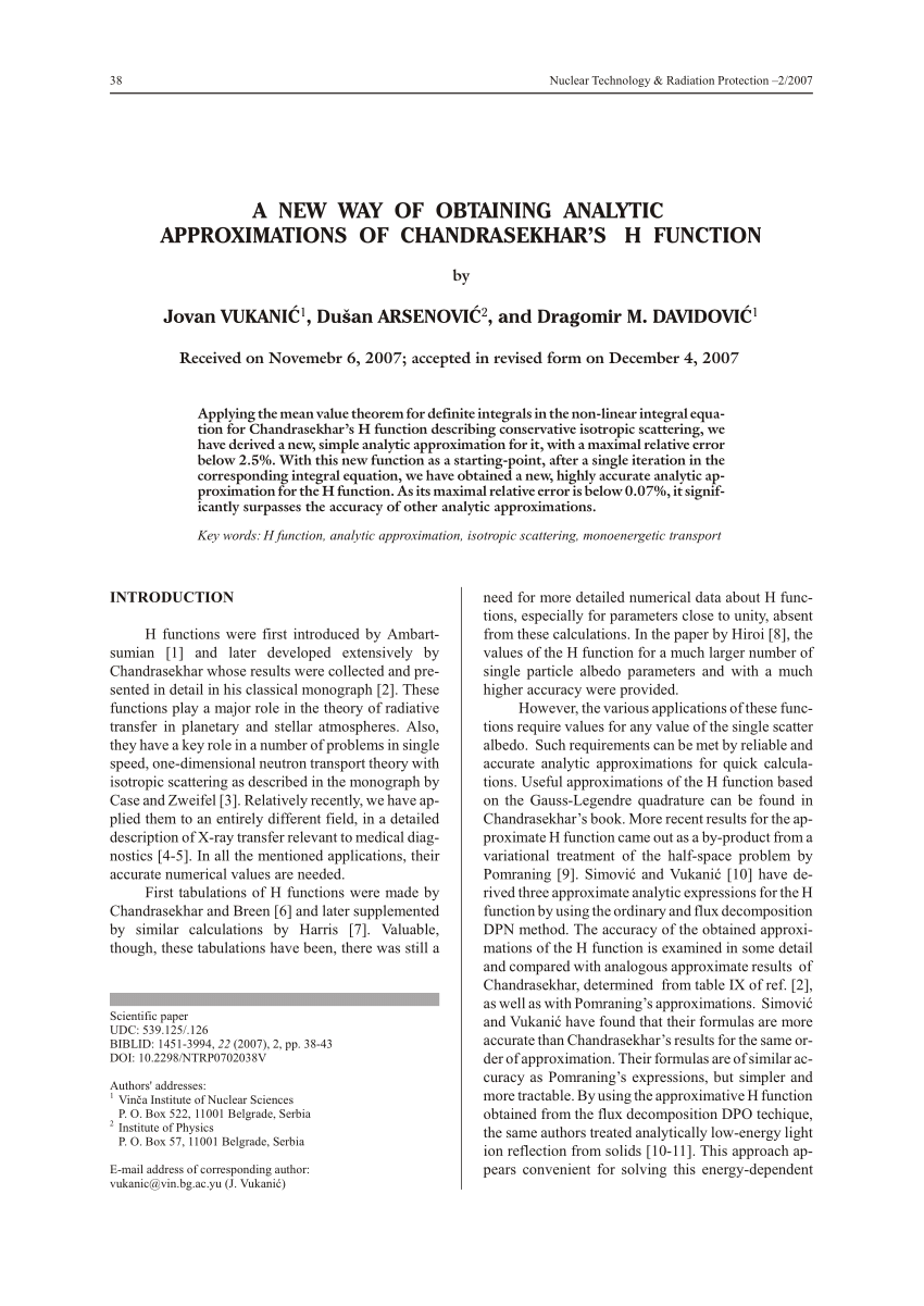 Pdf A New Way Of Obtaining Analytic Approximations Of Chandrasekhar S H Function