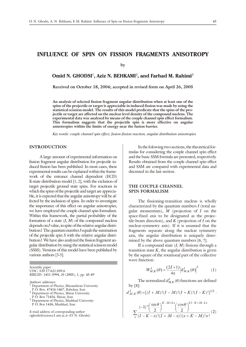 Pdf Influence Of Spin On Fission Fragments Anisotropy