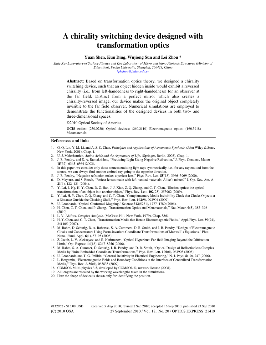 Pdf A Chirality Switching Device Designed With Transformation Optics