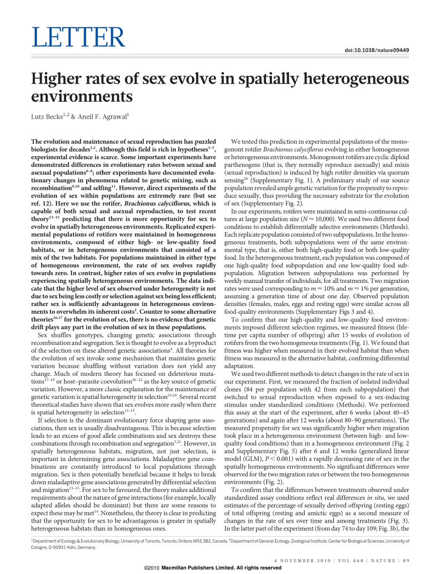 Pdf Higher Rates Of Sex Evolve In Spatially Heterogeneous Environments