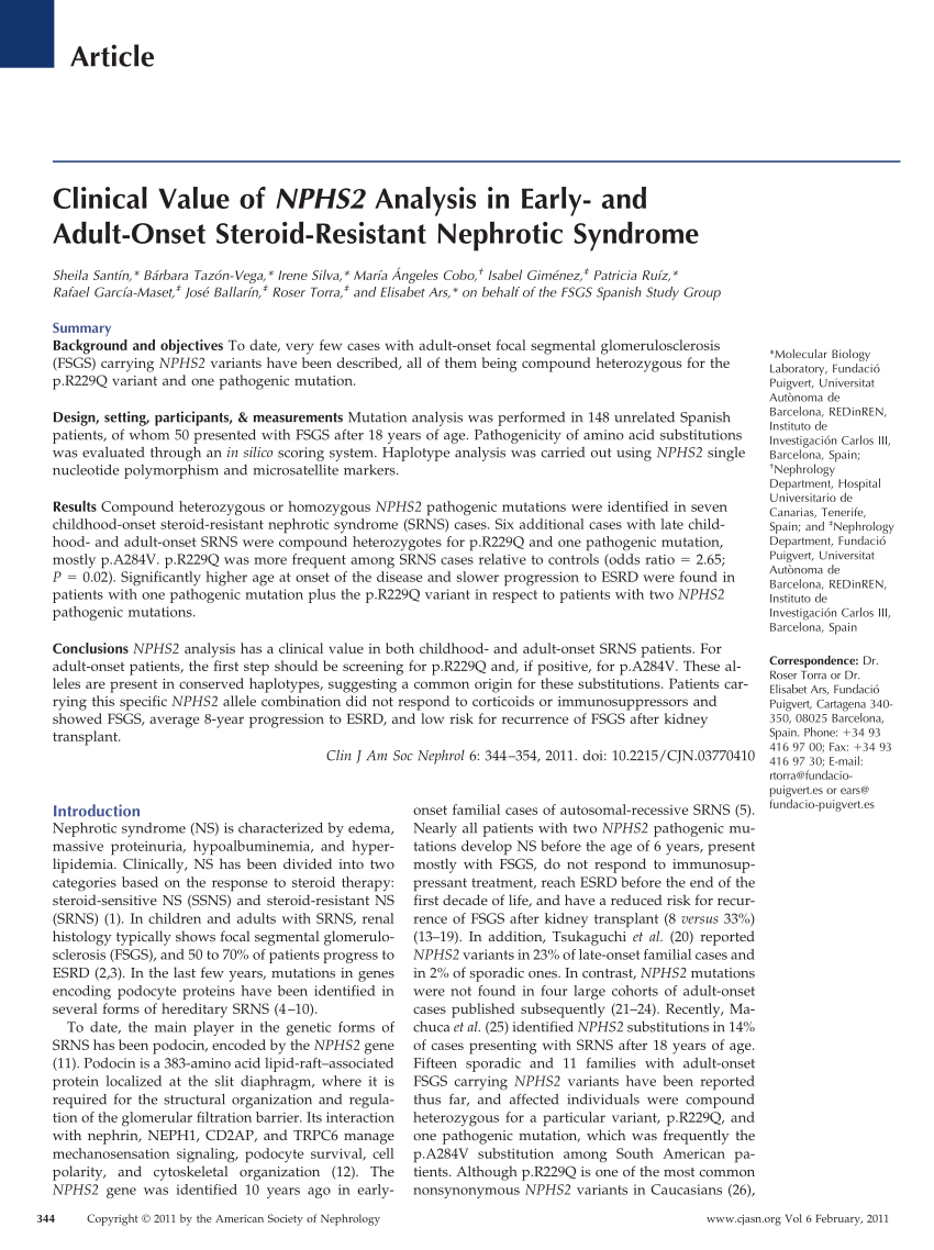 Pdf Clinical Value Of Nphs2 Analysis In Early And Adult Onset Steroid Resistant Nephrotic Syndrome