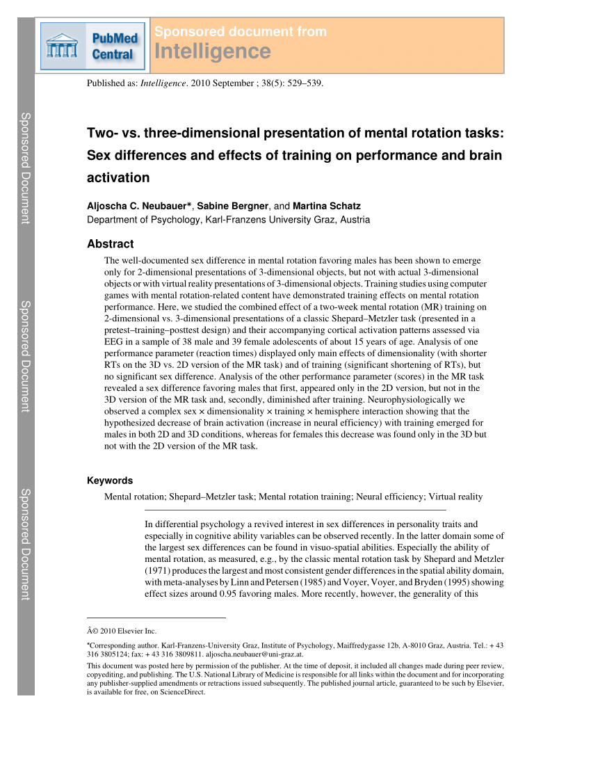 Pdf Two Vs Three Dimensional Presentation Of Mental Rotation Tasks Sex Differences And 3579