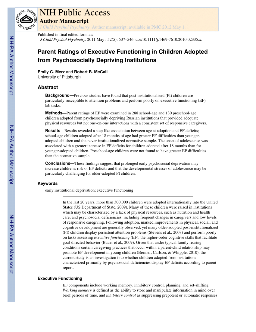 pdf) parent ratings of executive functioning in children adopted